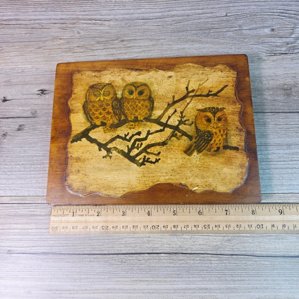 Vintage Owl Wood Wall Plaque Art 70s MCM Retro Cabin Decor Trio Owls Branch 8x6